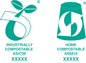 The two compostable certifications you should look for in Australia. On the left, the industrially compostable logo to Australian and European standards (AS4736 and EN13432). It is a green circular logo with a seedling with two leaves. To the right, the home compostable logo to Australian standards (AS5810). It is a home compost bin with two arrows.