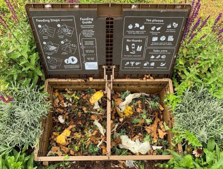 Subpod compost with two compartments full of compost scraps in garden.